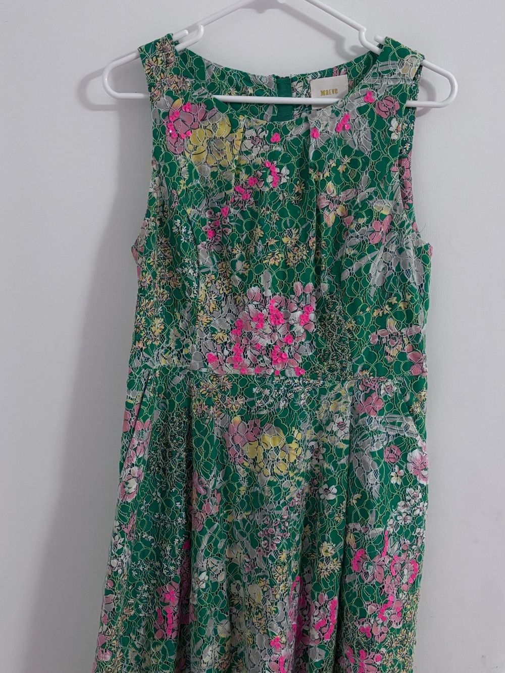 Maeve Green Floral Lace Midi Dress with Pink & Yellow Blooms